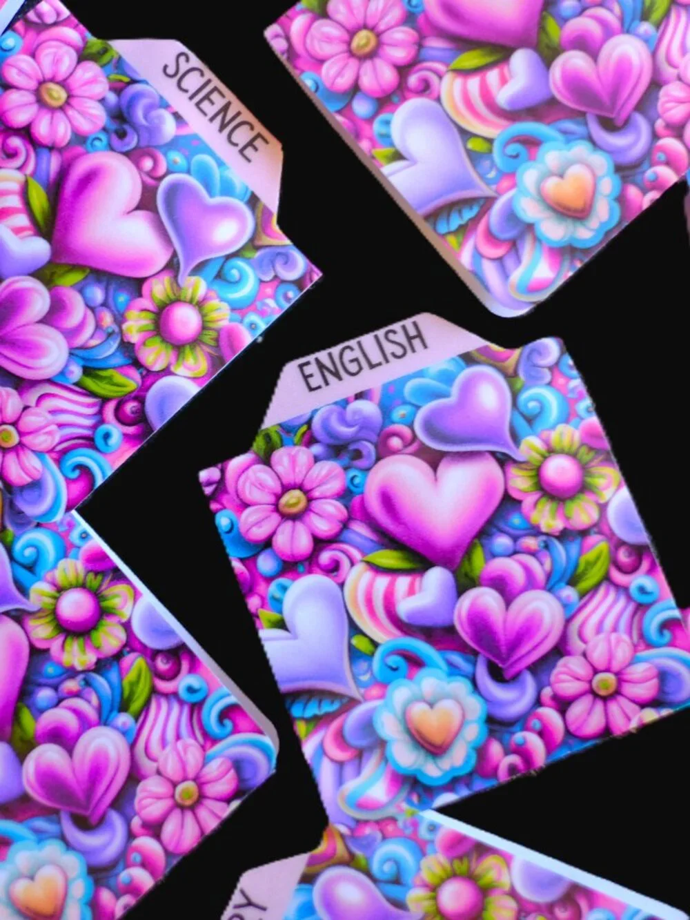 Handmade School Subject Magnetic Tabs, dividers, 3d purple hearts, notebook